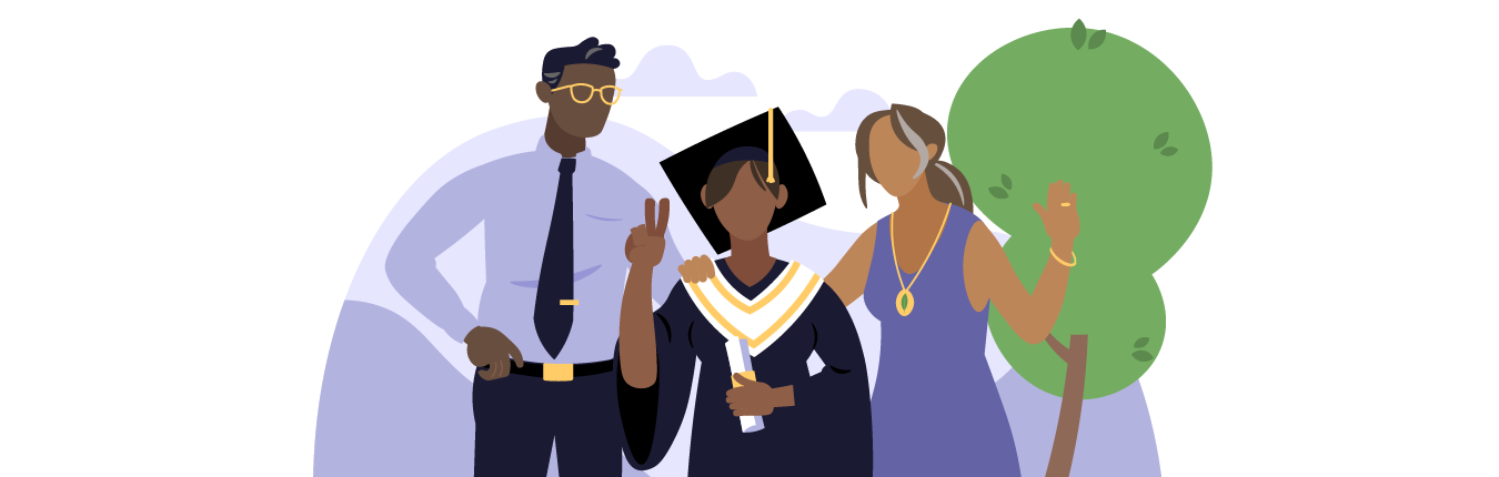 An illustrated image showing a young woman and her parents at her graduation ceremony.