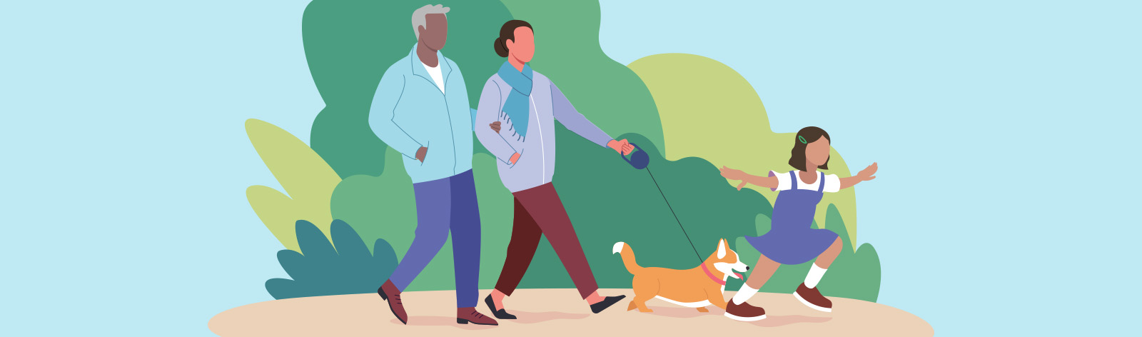 illustrated image of family walking outside with dog
