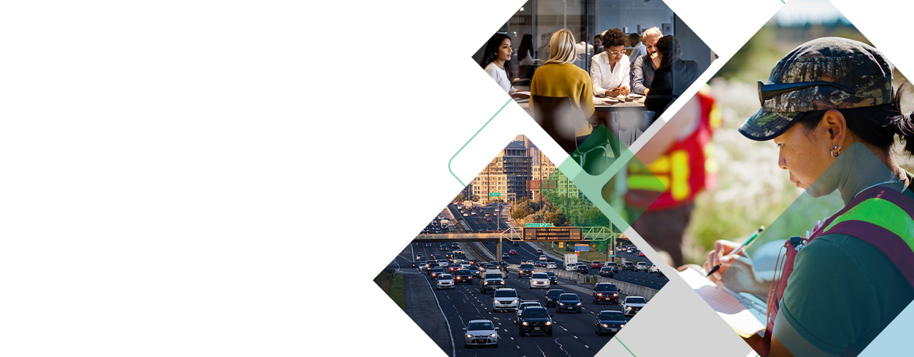 Three diamond-shaped photos showing a business meeting, a busy city highway with cars, and a field worker in safety gear taking notes.