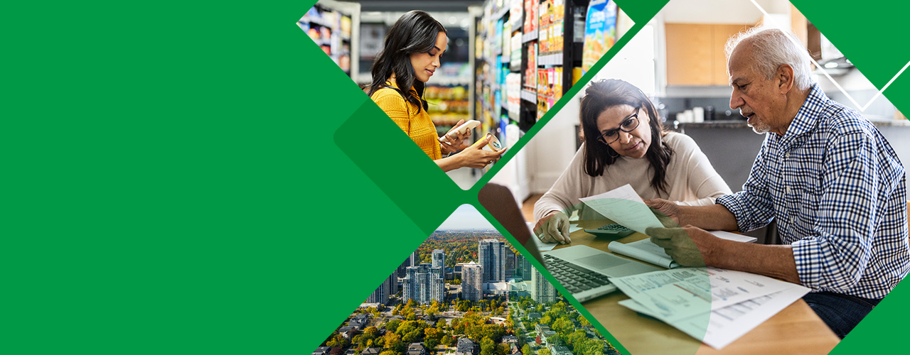 Collage of an elderly couple, a woman shopping, and a green cityscape on a vibrant green background.