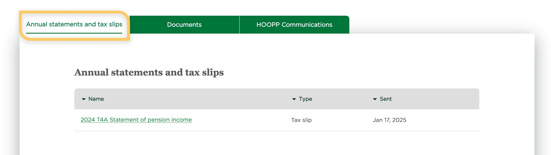Annual Statements and Tax Slips tab Annual Statements and Tax Slips tab