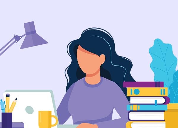An illustration of a girl sitting at a desk with a laptop and books.