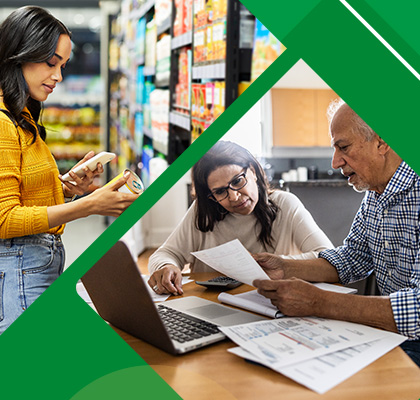 A green background featuring a collage of a woman shopping in a grocery store and an elderly couple together.