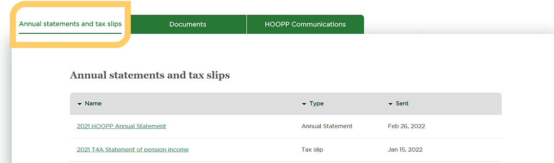 HOOPP Connect - Annual Statements and Tax Slips tab