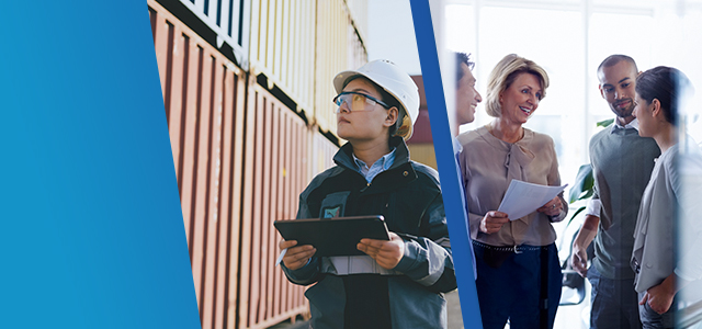 Collage of a worker with a tablet and four people discussing with documents, set against a blue background.