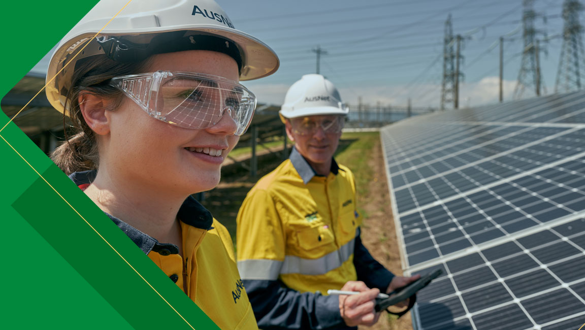 Two workers wearing hard hats and safety glasses standing beside solar panels.