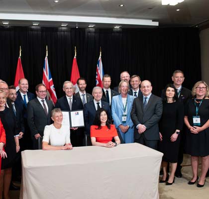 Canadian and Australian pension leaders pose in Sydney after signing an investment cooperation MOU, with both countries’ flags behind them.