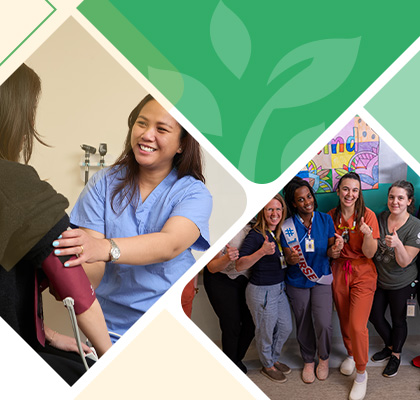 Abstract geometric background with overlapping green shapes and transparent curved forms, creating a layered effect.